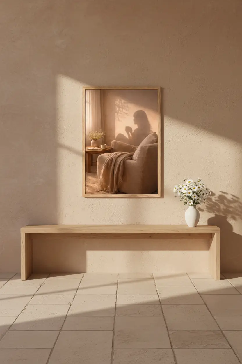 La Pause — Affiche murale minimaliste silhouette féminine lumière dorée, affiche murale minimaliste avec cadre bois, décoration murale salon ou chambre, style méditerranéen