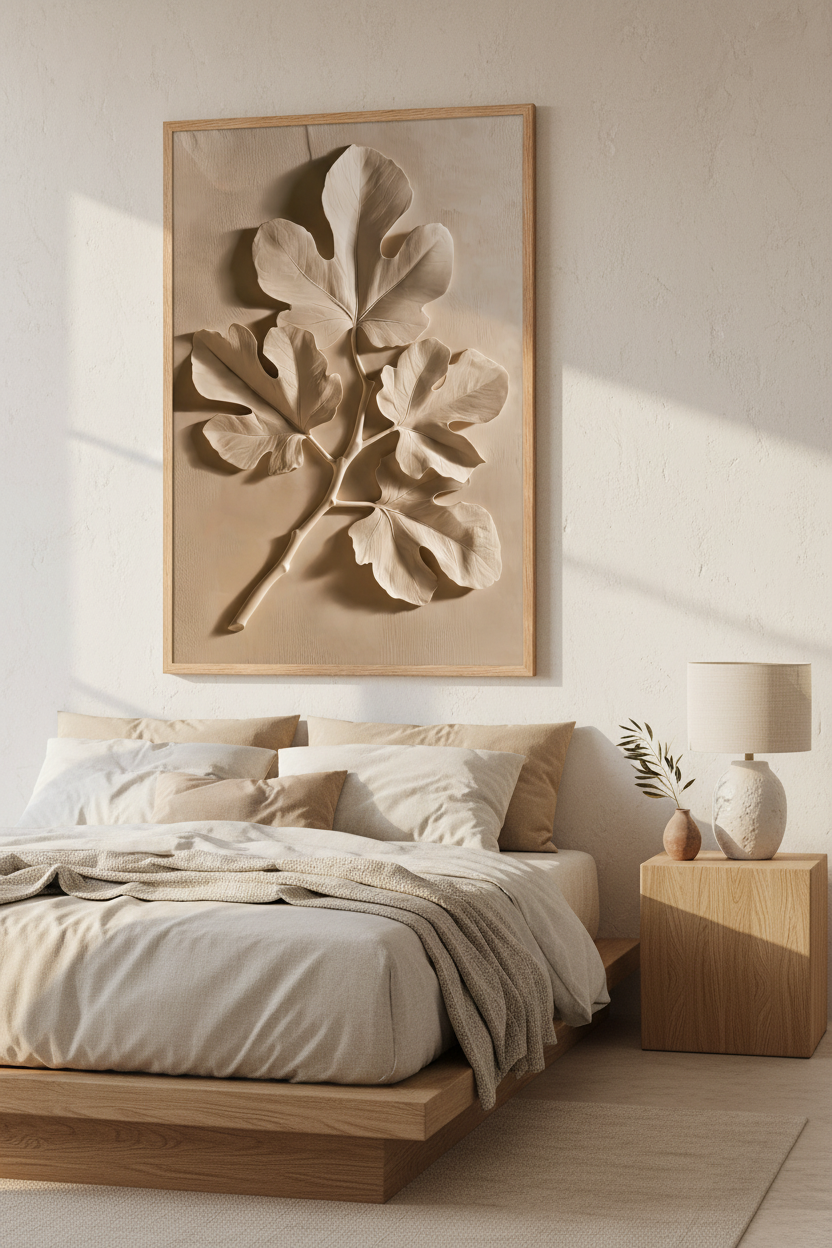 Affiche Le Figuier de Plâtre encadrée chêne au-dessus d'un lit en lin — feuille de figuier sculptée à même un mur d'enduit sable