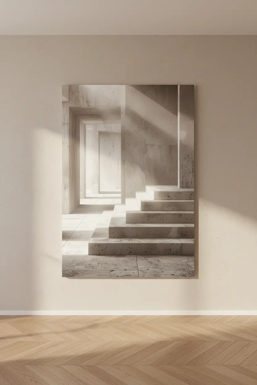 Le Couloir des Niches — Affiche murale minimaliste travertin perspective architecture lumière, affiche murale minimaliste avec cadre bois, décoration murale salon ou chambre, style méditerranéen
