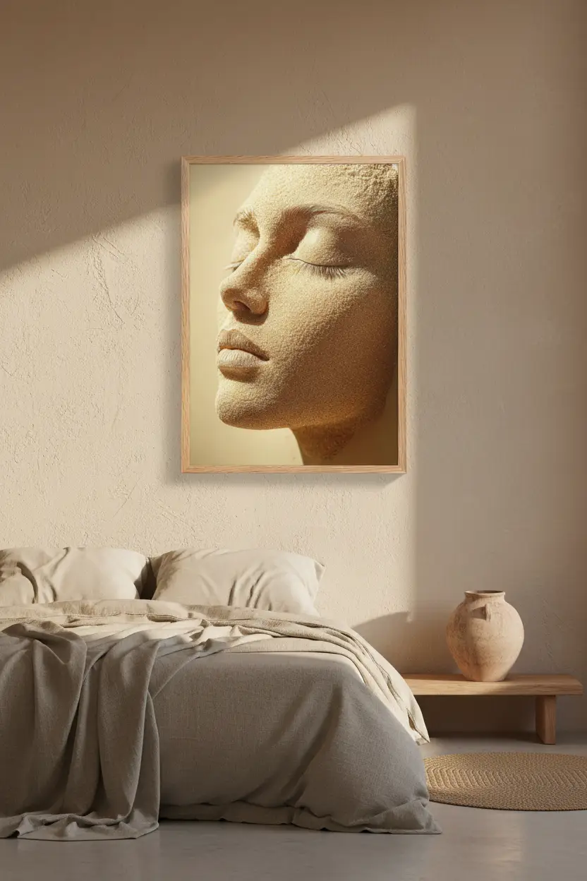 L'Ensablée – Minimalistisches Wandbild in Gold-Sand-Optik, abstraktes Gesicht