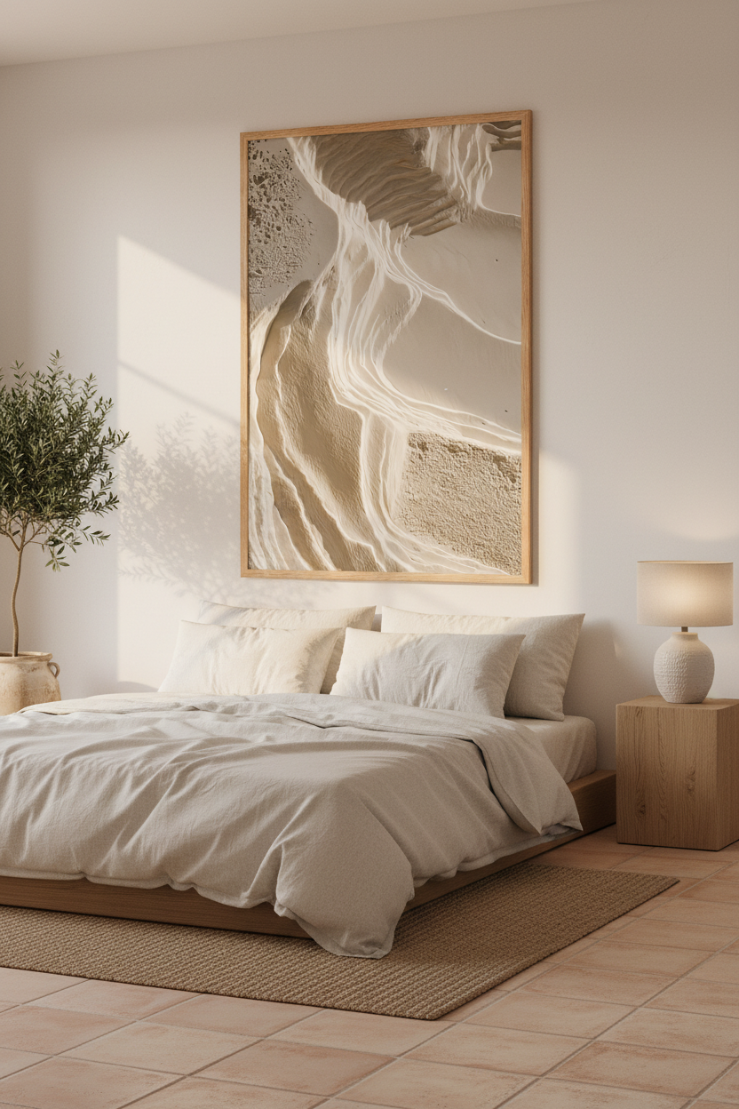 Affiche L'Escarpement Blanc encadrée chêne au-dessus d'un lit en lin — strates de plâtre blanc séparées par une ligne d'ombre