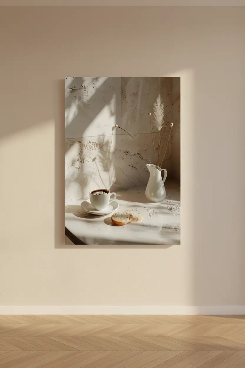 Le Matin Travertin — Affiche murale minimaliste travertin café herbe pampa céramique ivoire, affiche murale minimaliste avec cadre bois, décoration murale salon ou chambre, style méditerranéen
