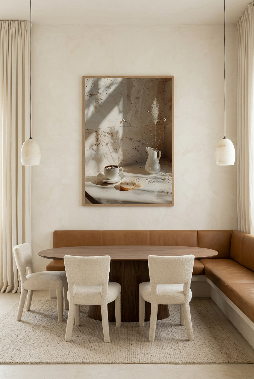 Le Matin Travertin — poster in an oak frame in a dining room