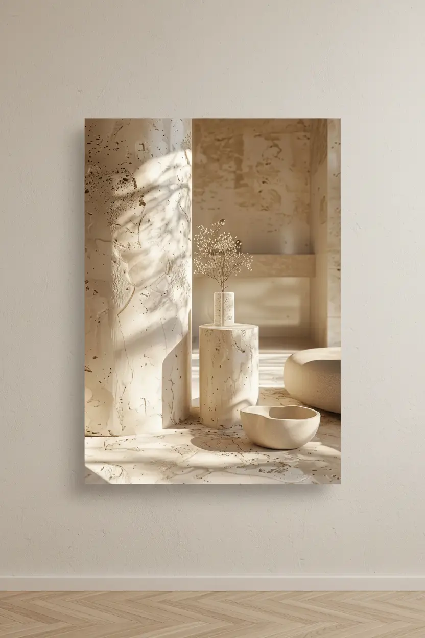 Le Sanctuaire de Pierre — Affiche murale minimaliste travertin colonne architecture ivoire, affiche murale minimaliste avec cadre bois, décoration murale salon ou chambre, style méditerranéen