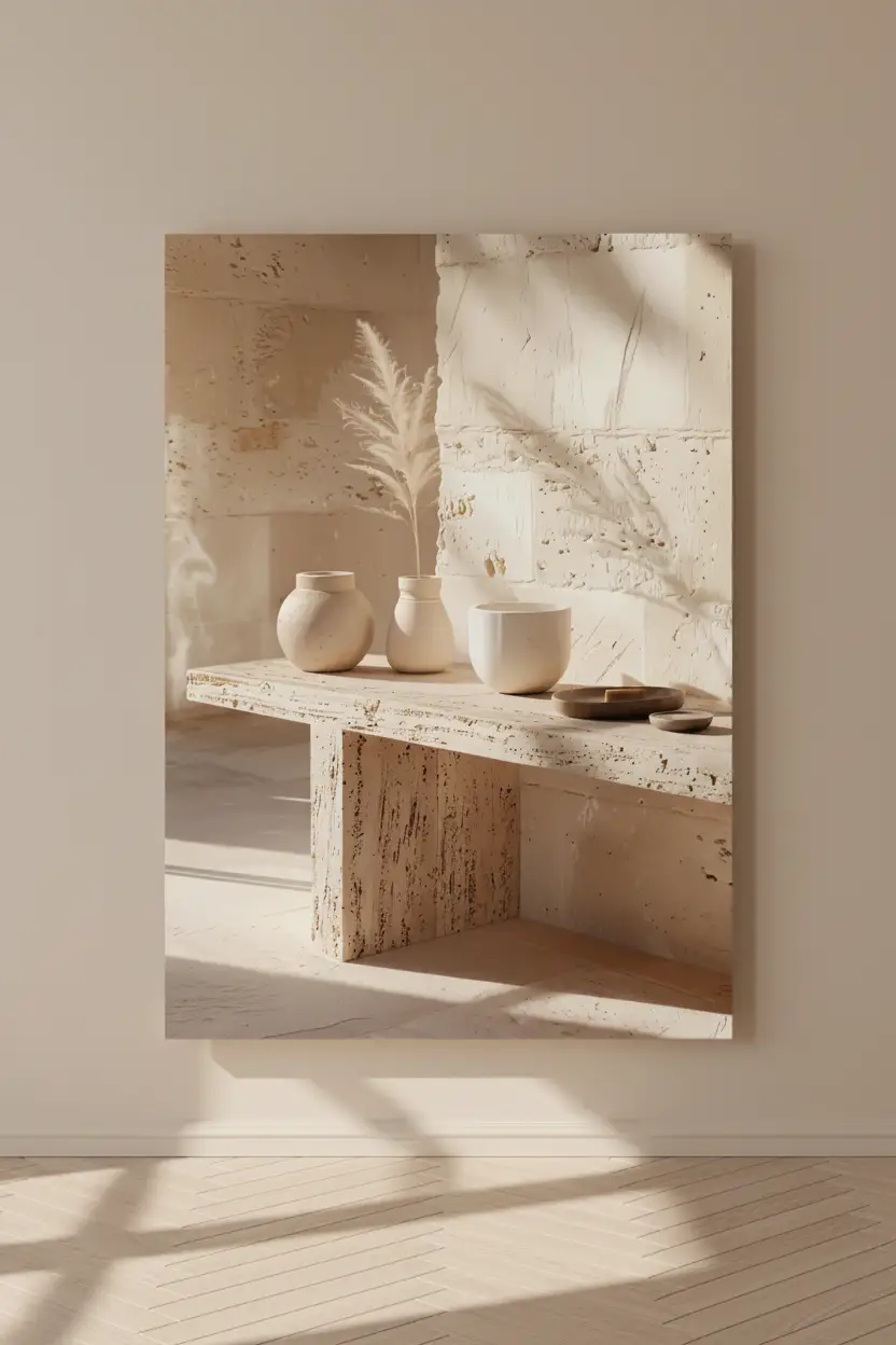 La Table de Travertin — Affiche murale minimaliste table sculpturale travertin pampa céramiques minéral, affiche murale minimaliste avec cadre bois, décoration murale salon ou chambre, style méditerranéen