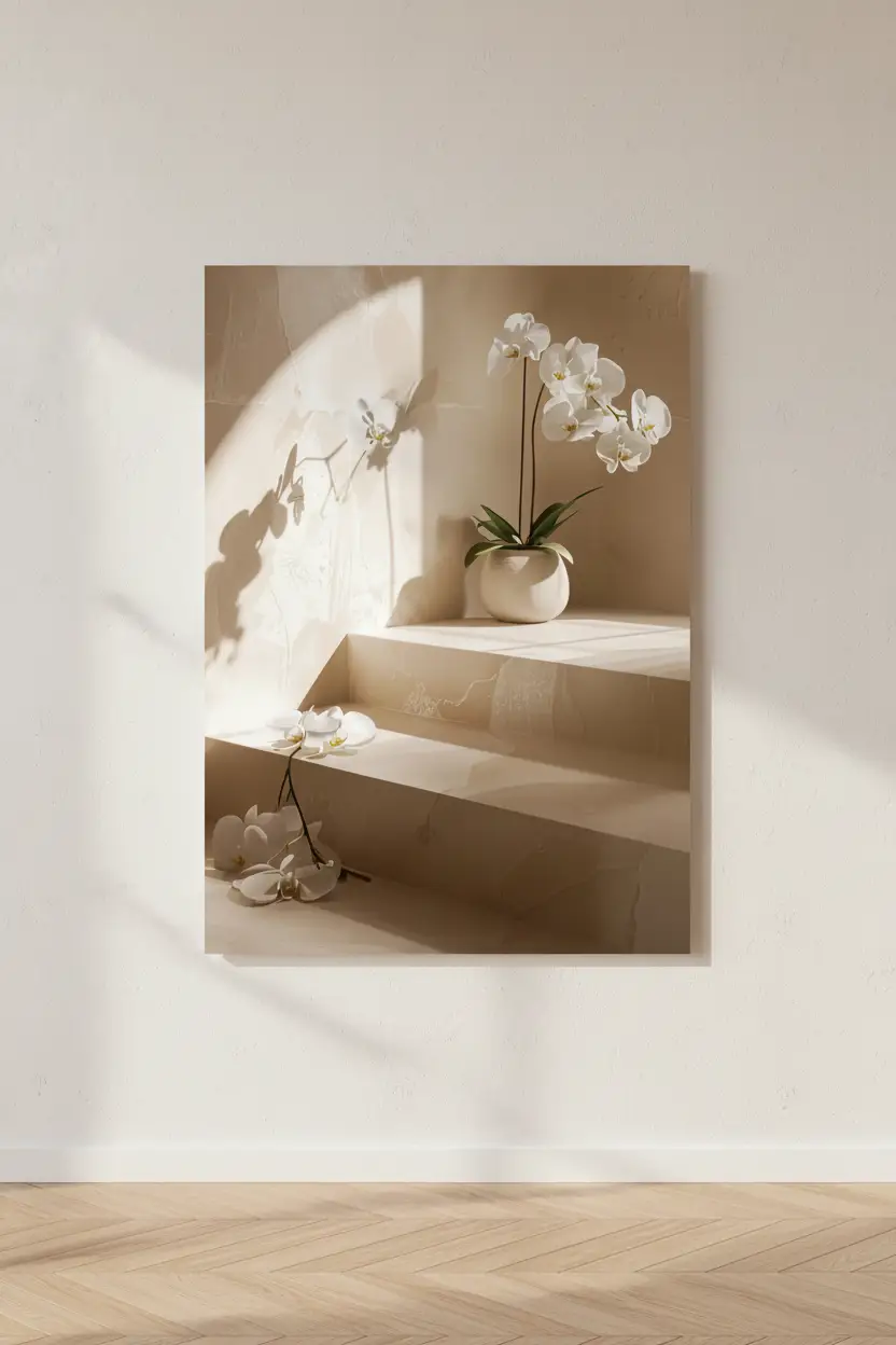 The Orchid Staircase — Minimalist travertine orchid wall poster