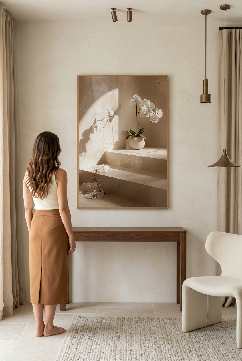 L’Escalier aux Orchidées — mulher em frente ao poster com moldura de carvalho