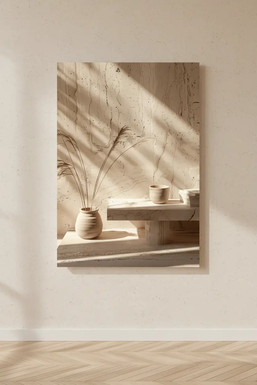 Le Vase et le Pampa — Affiche murale minimaliste céramique travertin pampa graphique minéral, affiche murale minimaliste avec cadre bois, décoration murale salon ou chambre, style méditerranéen