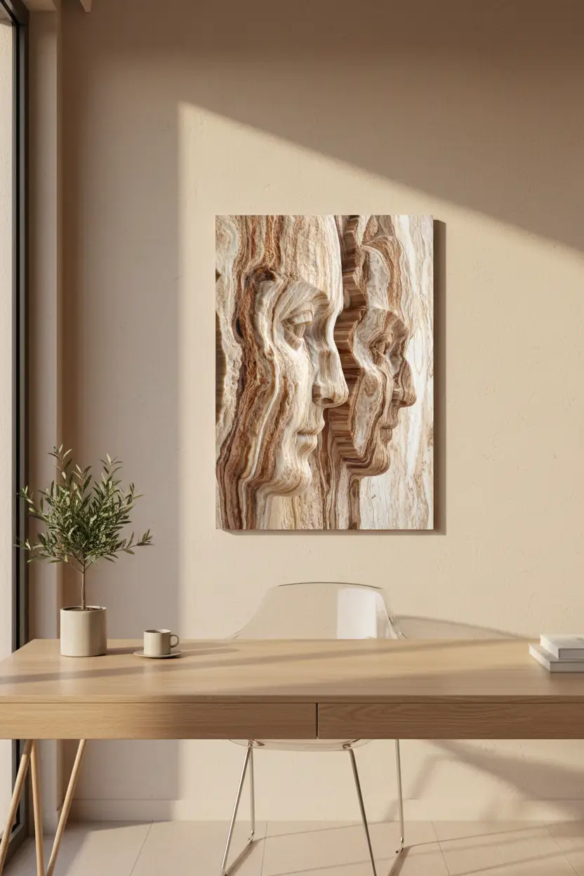 Empreintes — Affiche murale minimaliste beige ocre visages abstraits roche sédimentaire — affiche murale minimaliste | Cassili-home