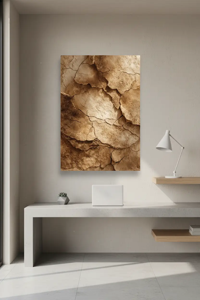 La Terre Fendue — Affiche murale minimaliste minérale sable, affiche murale minimaliste avec cadre bois, décoration murale salon ou chambre, style méditerranéen