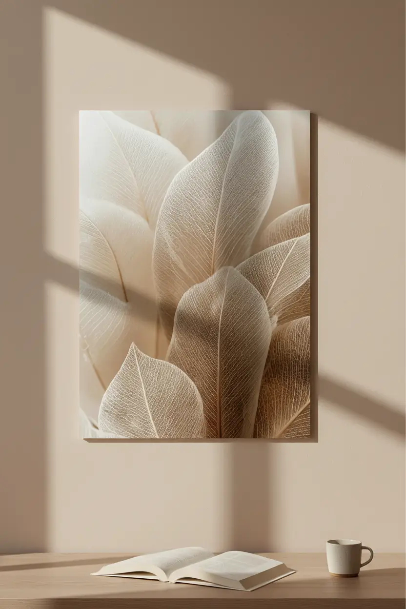 La Dentelle des Feuilles — Affiche murale minimaliste beige végétal translucide, affiche murale minimaliste avec cadre bois, décoration murale salon ou chambre, style méditerranéen