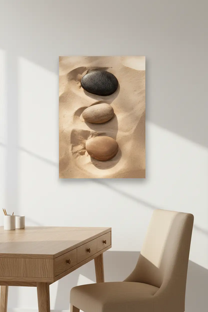 Trois Silences — Affiche murale minimaliste galet noir beige sable — affiche murale minimaliste | Cassili-home