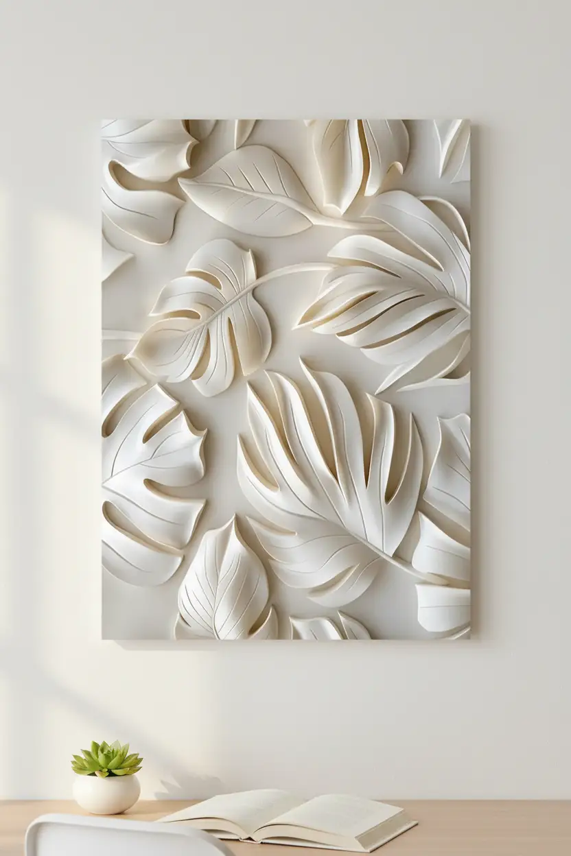 Le Souffle des Feuilles — Affiche murale minimaliste ivoire végétal sculpté, affiche murale minimaliste avec cadre bois, décoration murale salon ou chambre, style méditerranéen