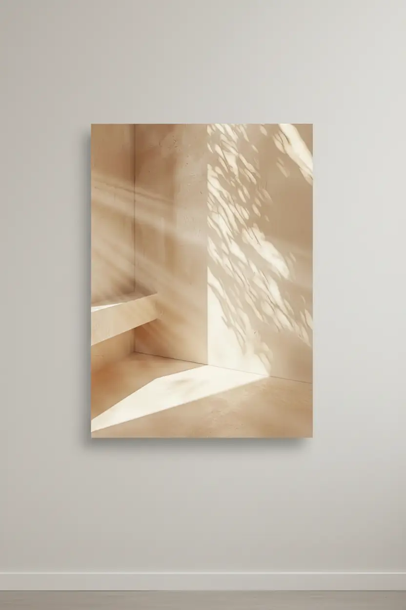 L'Escalier et l'Ombre — Affiche murale minimaliste beige architecture, affiche murale minimaliste avec cadre bois, décoration murale salon ou chambre, style méditerranéen