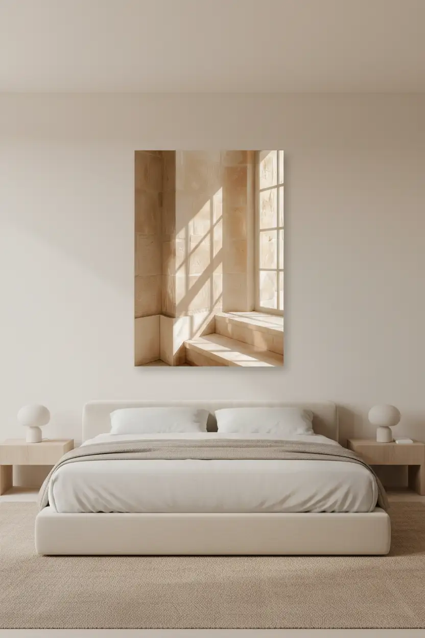 La Fenêtre de Pierre — Affiche murale minimaliste sable architecture, affiche murale minimaliste avec cadre bois, décoration murale salon ou chambre, style méditerranéen