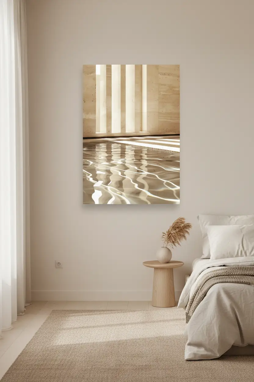 Le Temple et l'Eau — Affiche murale minimaliste sable architecture, affiche murale minimaliste avec cadre bois, décoration murale salon ou chambre, style méditerranéen