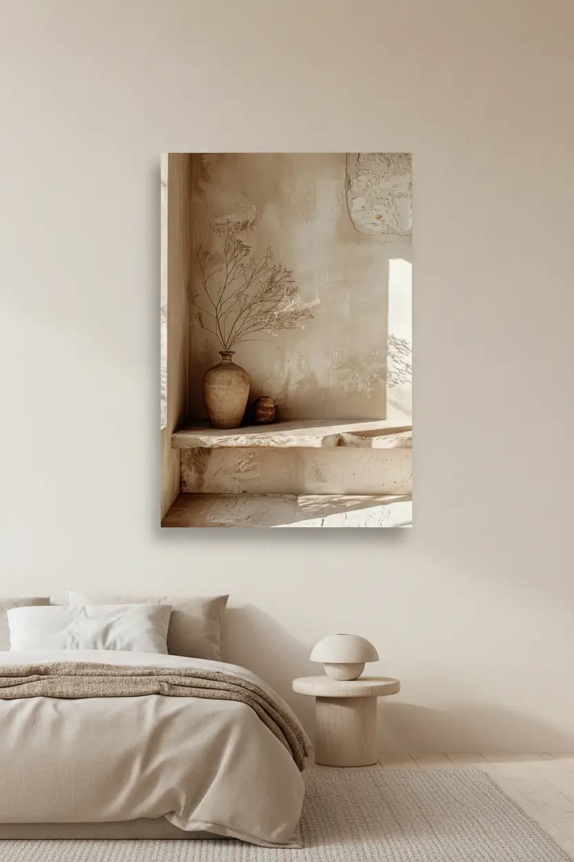L'Angle aux Branches Séchées — Affiche murale minimaliste sable architecture, affiche murale minimaliste avec cadre bois, décoration murale salon ou chambre, style méditerranéen