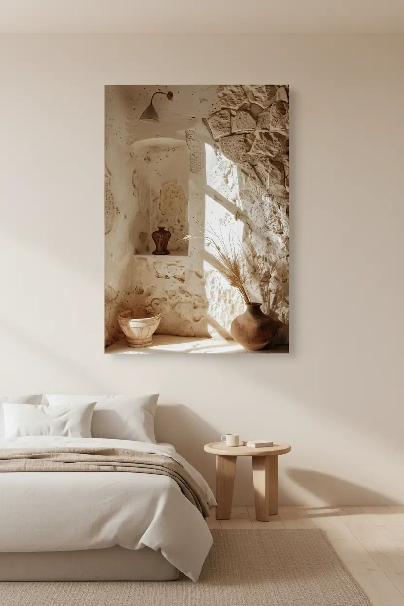 La Maison de Pierre — Affiche murale minimaliste sable architecture, affiche murale minimaliste avec cadre bois, décoration murale salon ou chambre, style méditerranéen