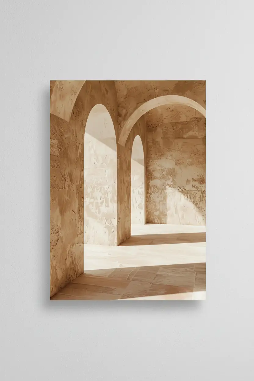 La Salle des Arches — Affiche murale minimaliste ocre architecture, affiche murale minimaliste avec cadre bois, décoration murale salon ou chambre, style méditerranéen