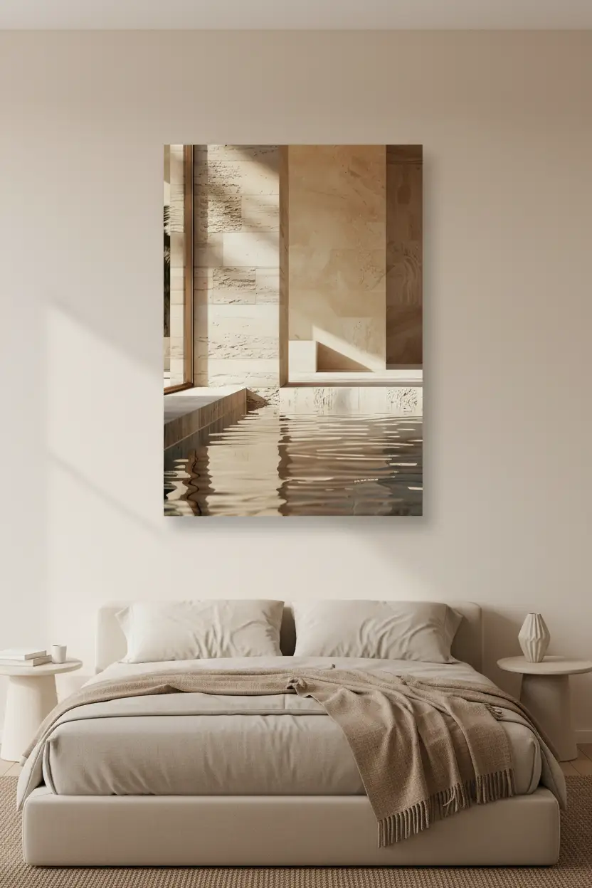 Le Bain de Travertin — Affiche murale minimaliste sable architecture, affiche murale minimaliste avec cadre bois, décoration murale salon ou chambre, style méditerranéen