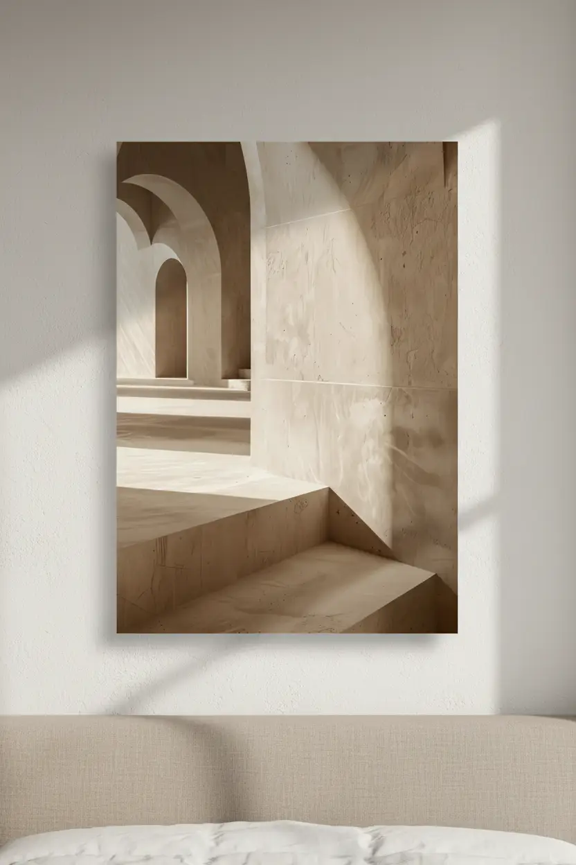 La Galerie des Arches — Affiche murale minimaliste beige architecture, affiche murale minimaliste avec cadre bois, décoration murale salon ou chambre, style méditerranéen