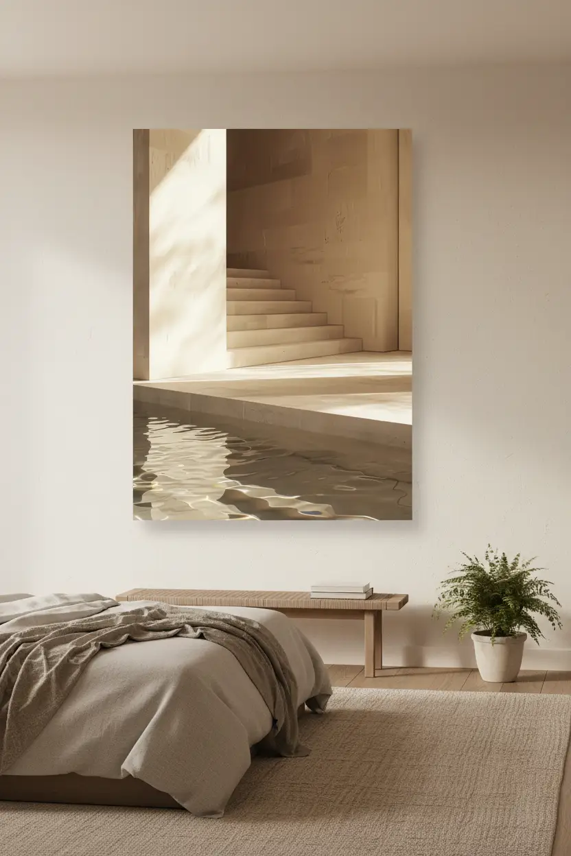 L'Escalier et le Bassin — Affiche murale minimaliste sable architecture, affiche murale minimaliste avec cadre bois, décoration murale salon ou chambre, style méditerranéen
