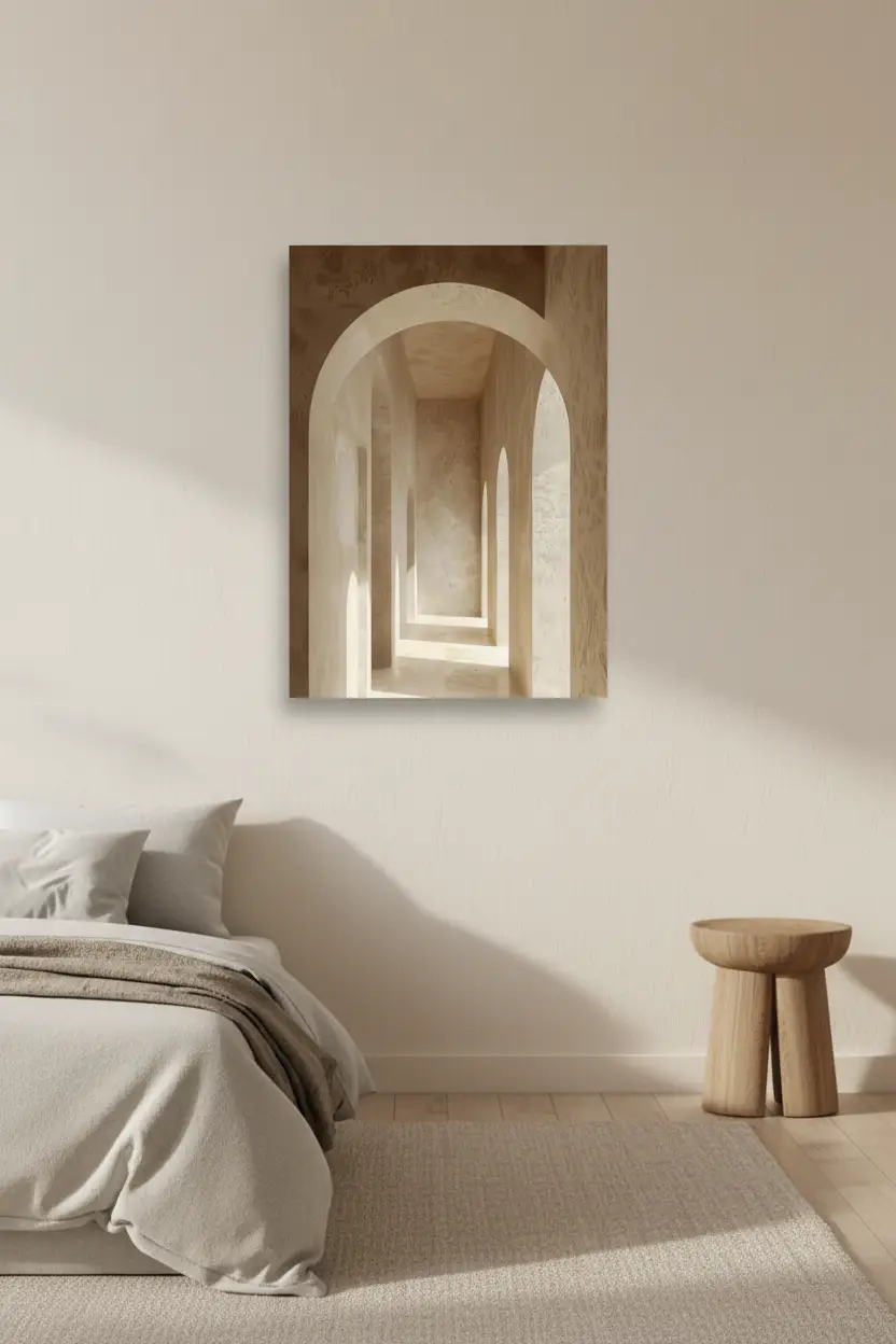 Le Couloir des Arches — Affiche murale minimaliste sable architecture, affiche murale minimaliste avec cadre bois, décoration murale salon ou chambre, style méditerranéen