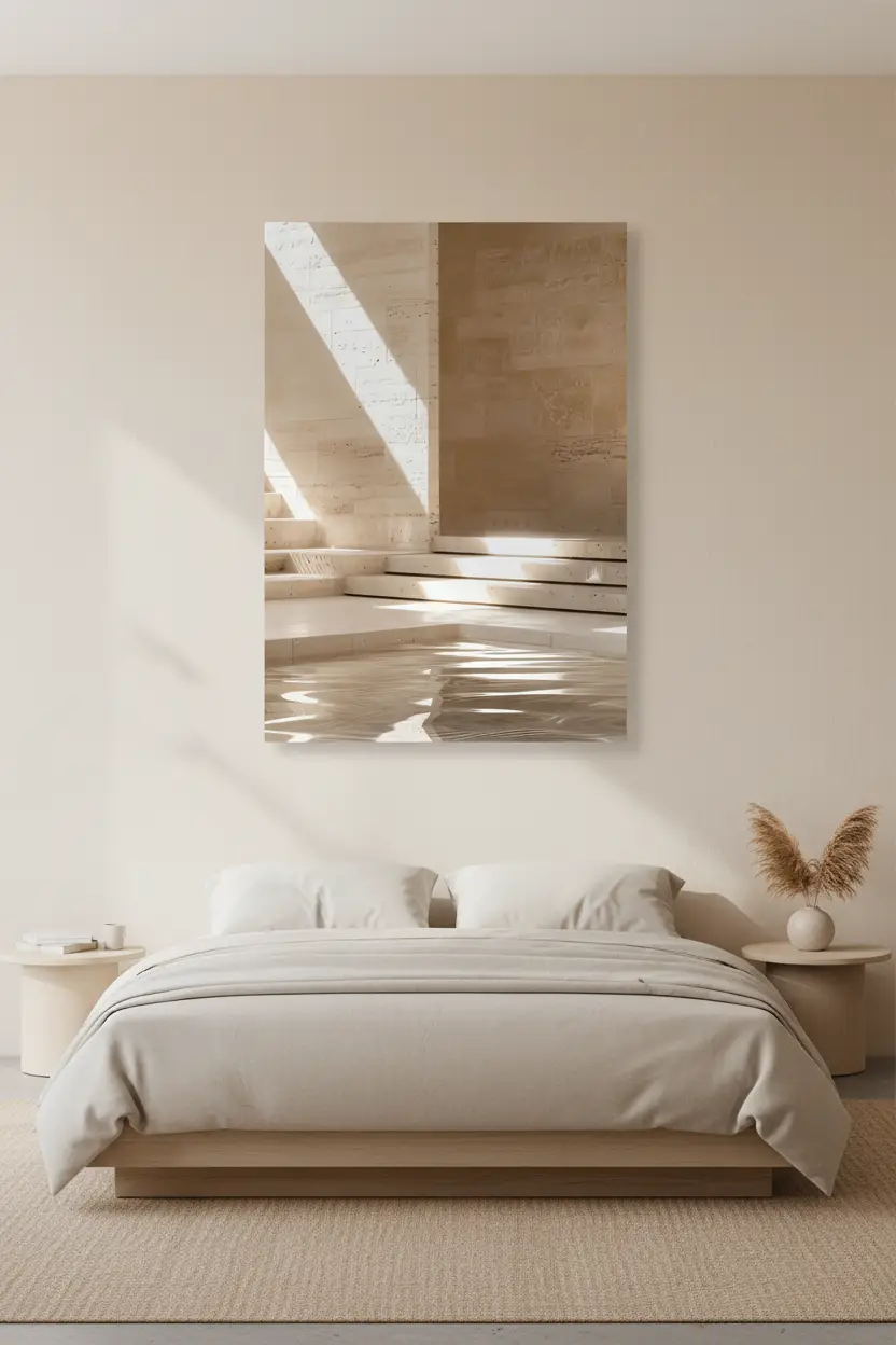 Le Bassin de Pierre — Affiche murale minimaliste sable architecture, affiche murale minimaliste avec cadre bois, décoration murale salon ou chambre, style méditerranéen