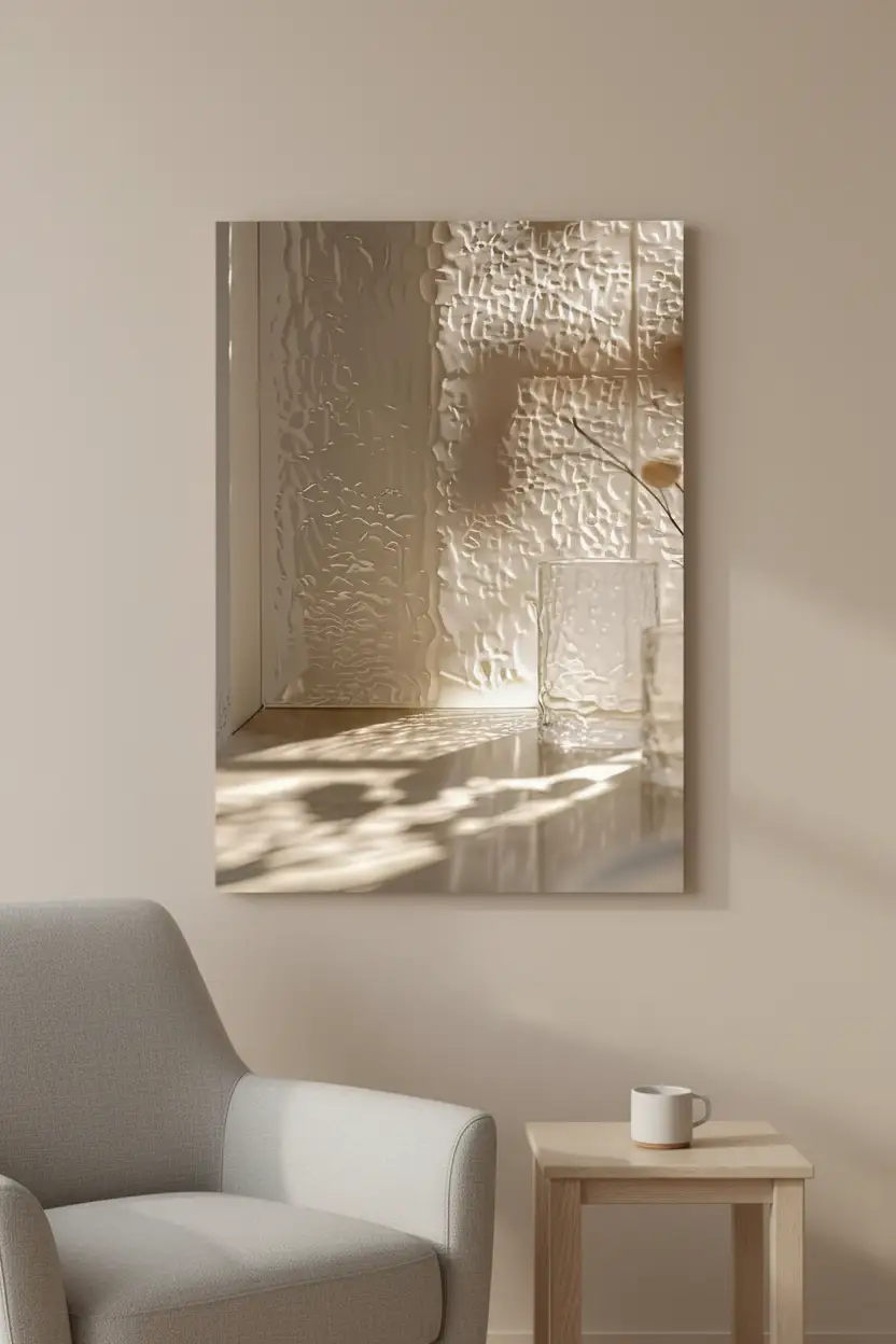 Le Verre Cathédrale — Affiche murale minimaliste ivoire reflets aquatiques lumière, affiche murale minimaliste avec cadre bois, décoration murale salon ou chambre, style méditerranéen