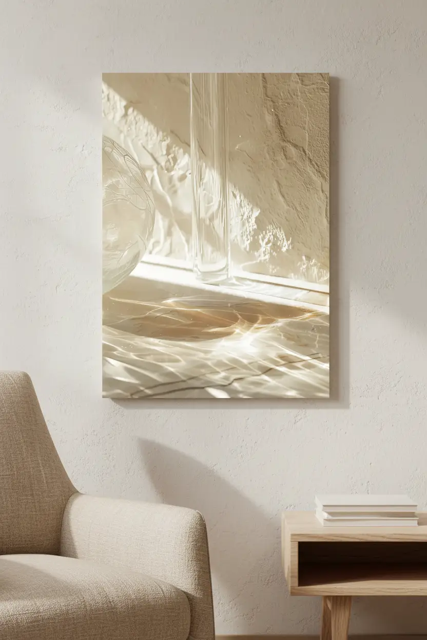 L’Eau et le Verre — Affiche murale minimaliste ivoire reflets aquatiques verre, affiche murale minimaliste avec cadre bois, décoration murale salon ou chambre, style méditerranéen
