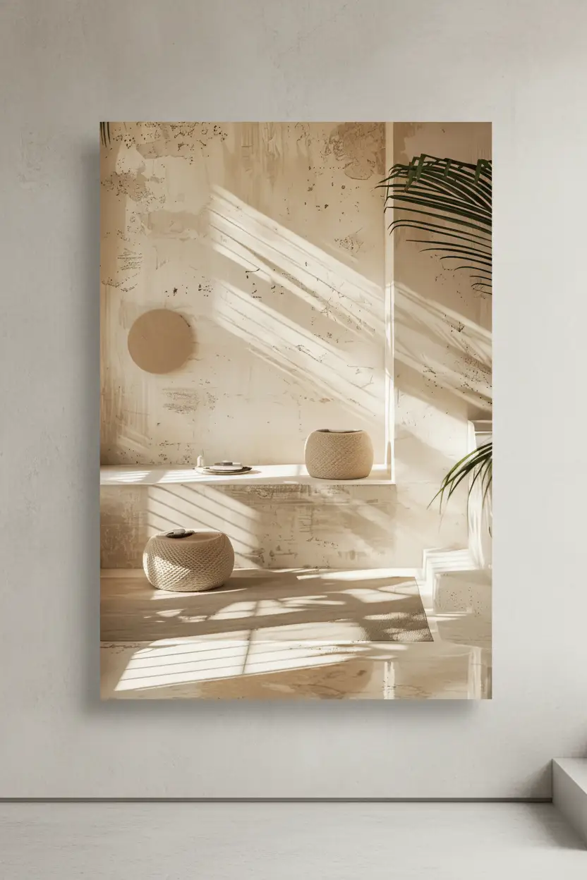 La Lumière des Poufs — Affiche murale minimaliste sable intérieur, affiche murale minimaliste avec cadre bois, décoration murale salon ou chambre, style méditerranéen
