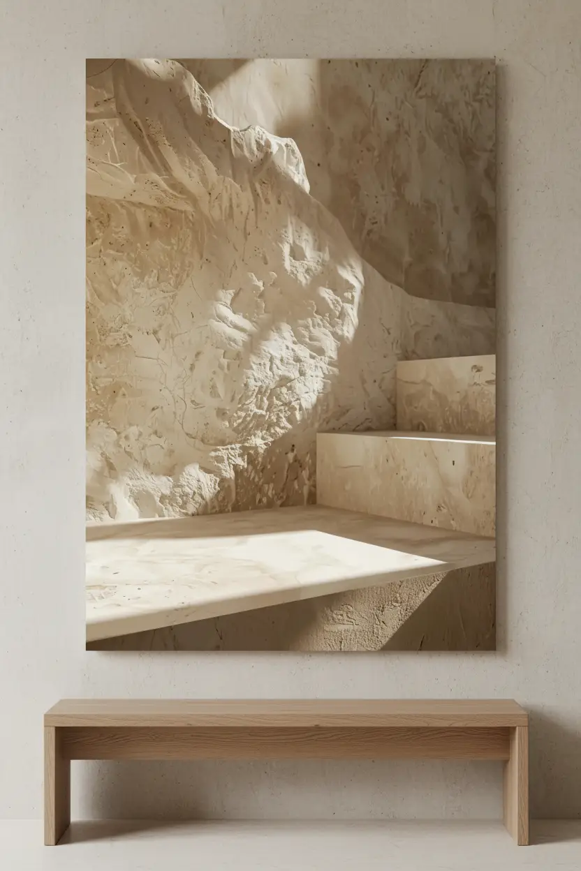 La Grotte de Pierre — Affiche murale minimaliste sable calcaire architecture, affiche murale minimaliste avec cadre bois, décoration murale salon ou chambre, style méditerranéen