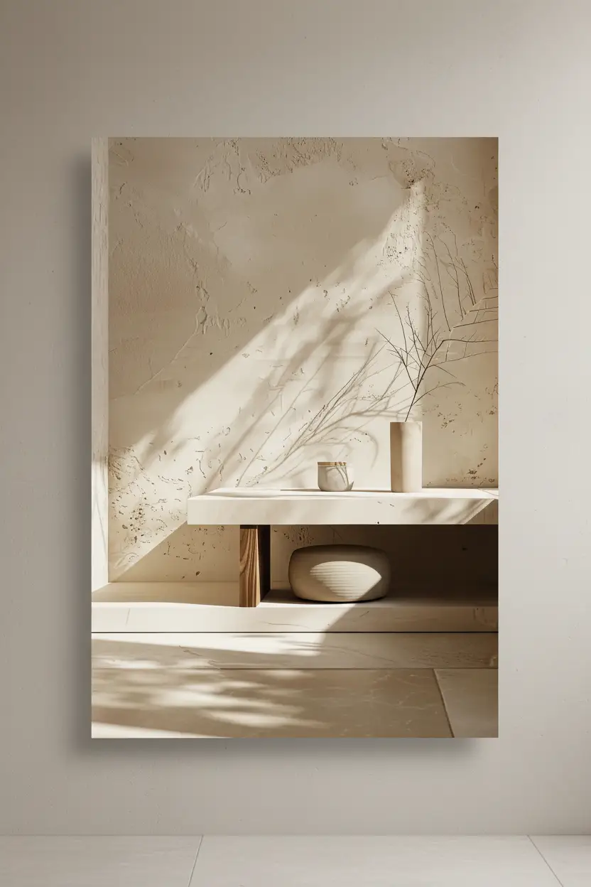 La Console et la Lumière — Affiche murale minimaliste sable intérieur, affiche murale minimaliste avec cadre bois, décoration murale salon ou chambre, style méditerranéen
