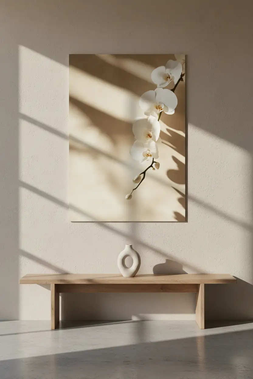 Die Orchidee und der Schatten – Minimalistisches Wandbild Elfenbein Blume
