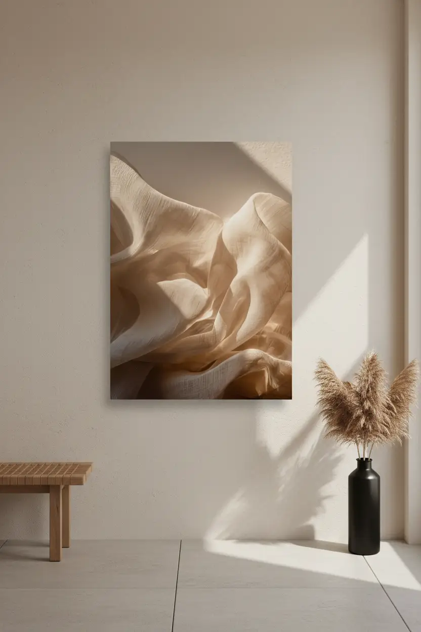 Les Vagues de Lin — Affiche murale minimaliste ivoire texture abstrait, affiche murale minimaliste avec cadre bois, décoration murale salon ou chambre, style méditerranéen