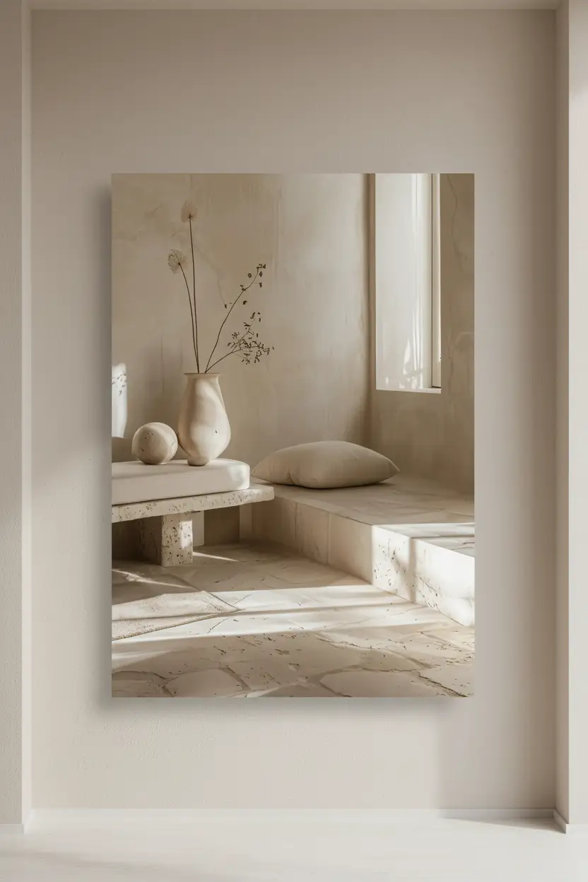 Le Salon de Travertin — Affiche murale minimaliste sable minéral, affiche murale minimaliste avec cadre bois, décoration murale salon ou chambre, style méditerranéen