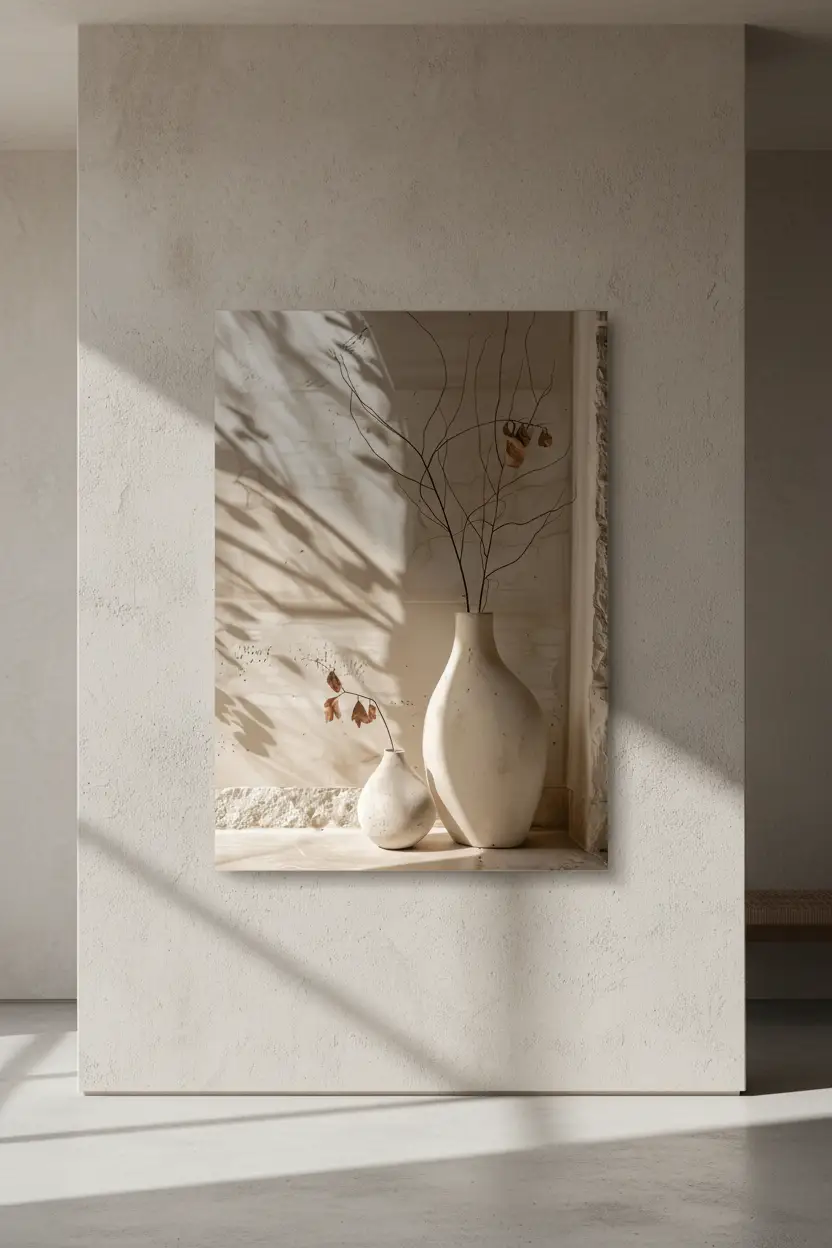 L'Ombre des Branches — Affiche murale minimaliste ivoire minéral, affiche murale minimaliste avec cadre bois, décoration murale salon ou chambre, style méditerranéen