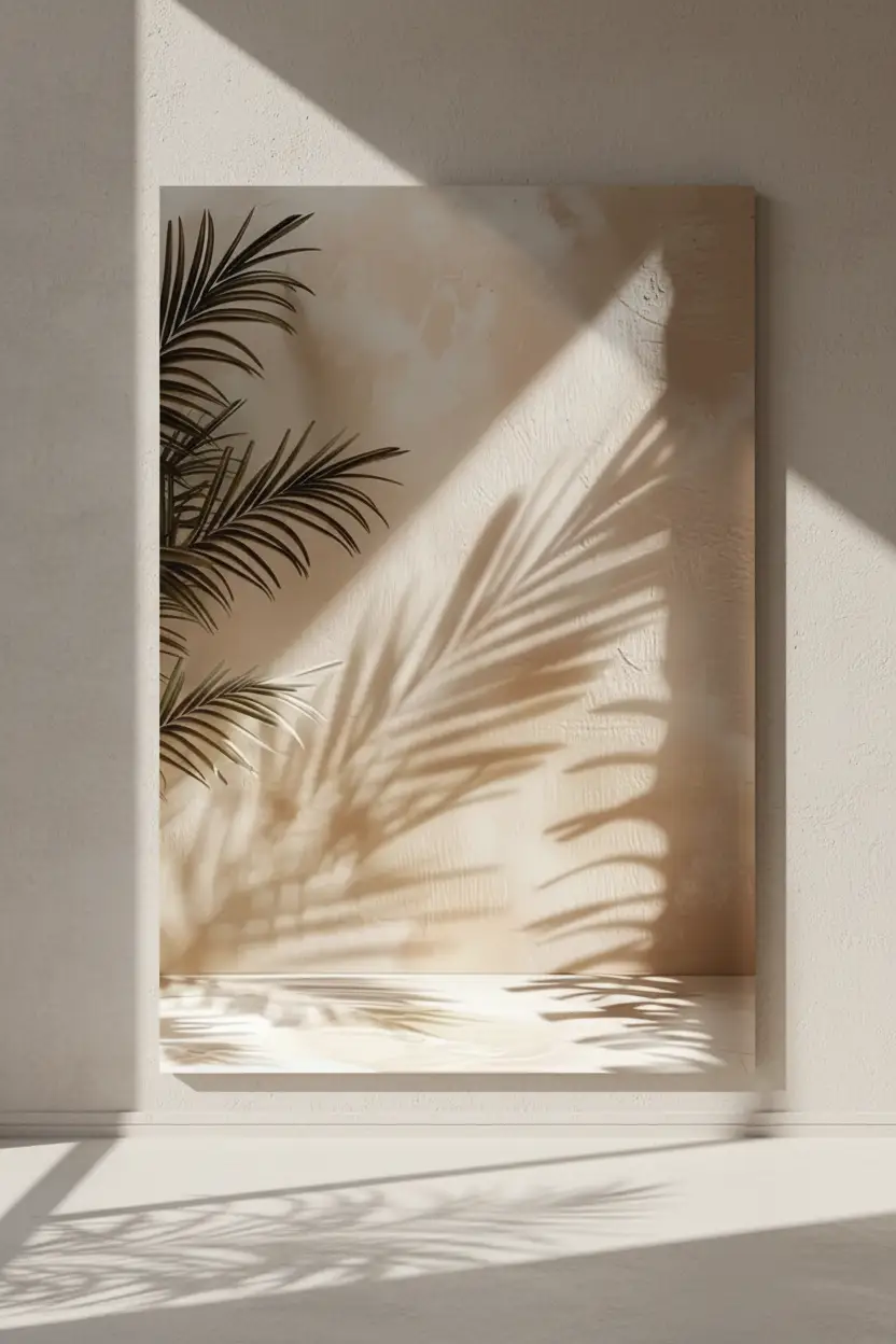 L'Areca et son Ombre — Affiche murale minimaliste sable végétal, affiche murale minimaliste avec cadre bois, décoration murale salon ou chambre, style méditerranéen