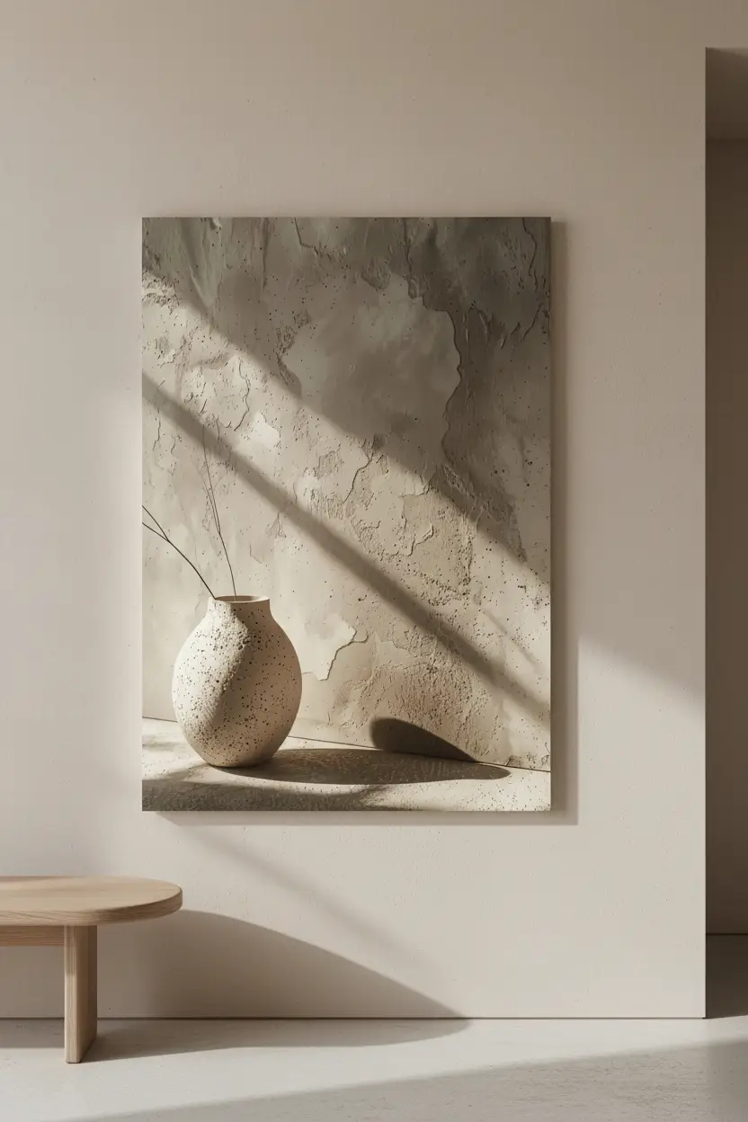 L'Ombre du Vase — Affiche murale minimaliste sable minéral, affiche murale minimaliste avec cadre bois, décoration murale salon ou chambre, style méditerranéen