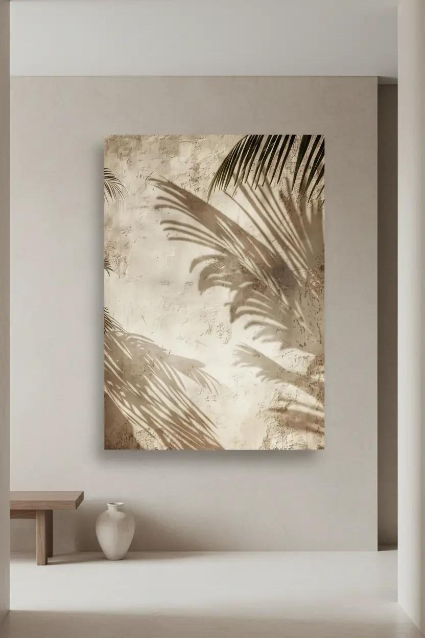 Les Ombres du Patio — Affiche murale minimaliste sable végétal, affiche murale minimaliste avec cadre bois, décoration murale salon ou chambre, style méditerranéen