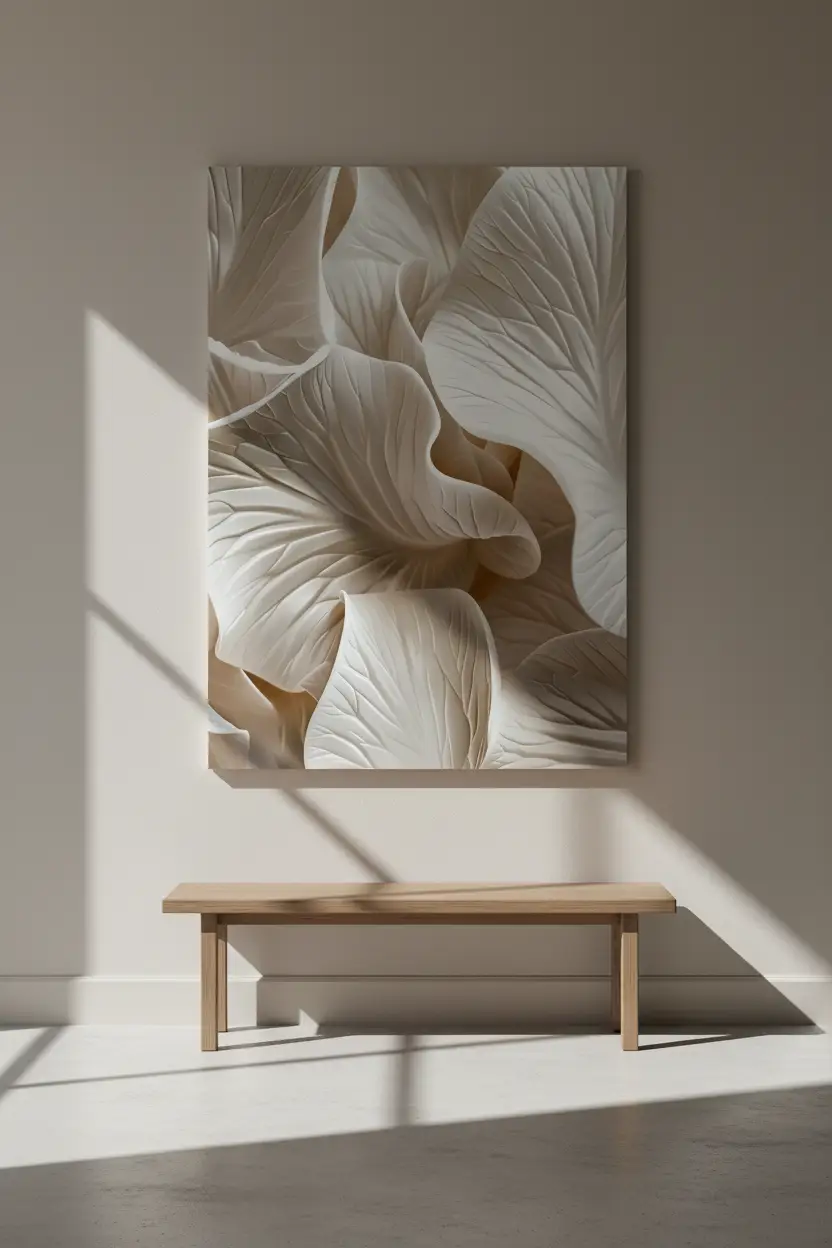 La Vague Ivoire — Affiche murale minimaliste ivoire végétal organique, affiche murale minimaliste avec cadre bois, décoration murale salon ou chambre, style méditerranéen