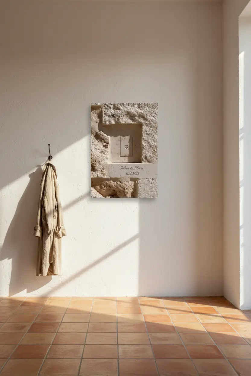 Gravé dans la Pierre, affiche murale minimaliste avec cadre bois, décoration murale salon ou chambre, style méditerranéen