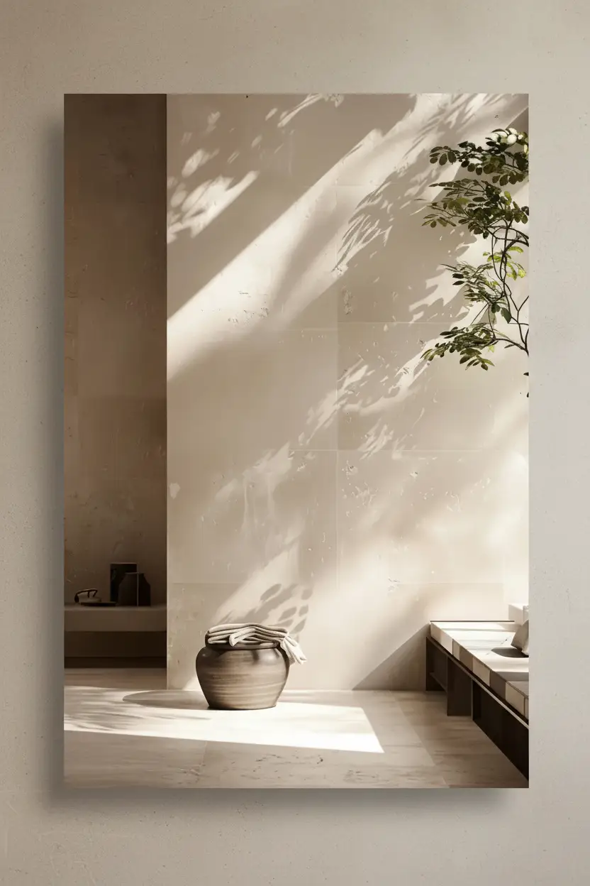 L'Ombre du Feuillage — Affiche murale minimaliste ivoire végétal, affiche murale minimaliste avec cadre bois, décoration murale salon ou chambre, style méditerranéen