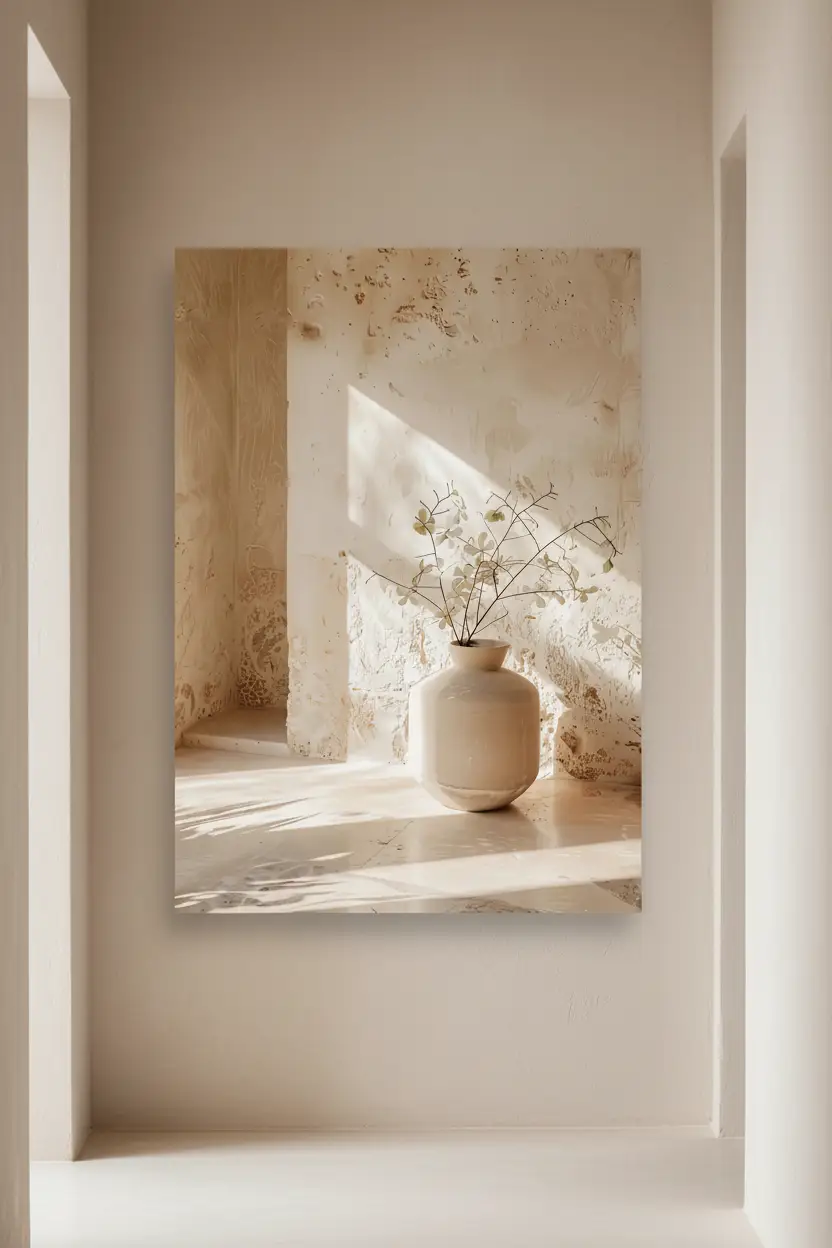 Le Vase dans la Niche — Affiche murale minimaliste ivoire végétal, affiche murale minimaliste avec cadre bois, décoration murale salon ou chambre, style méditerranéen
