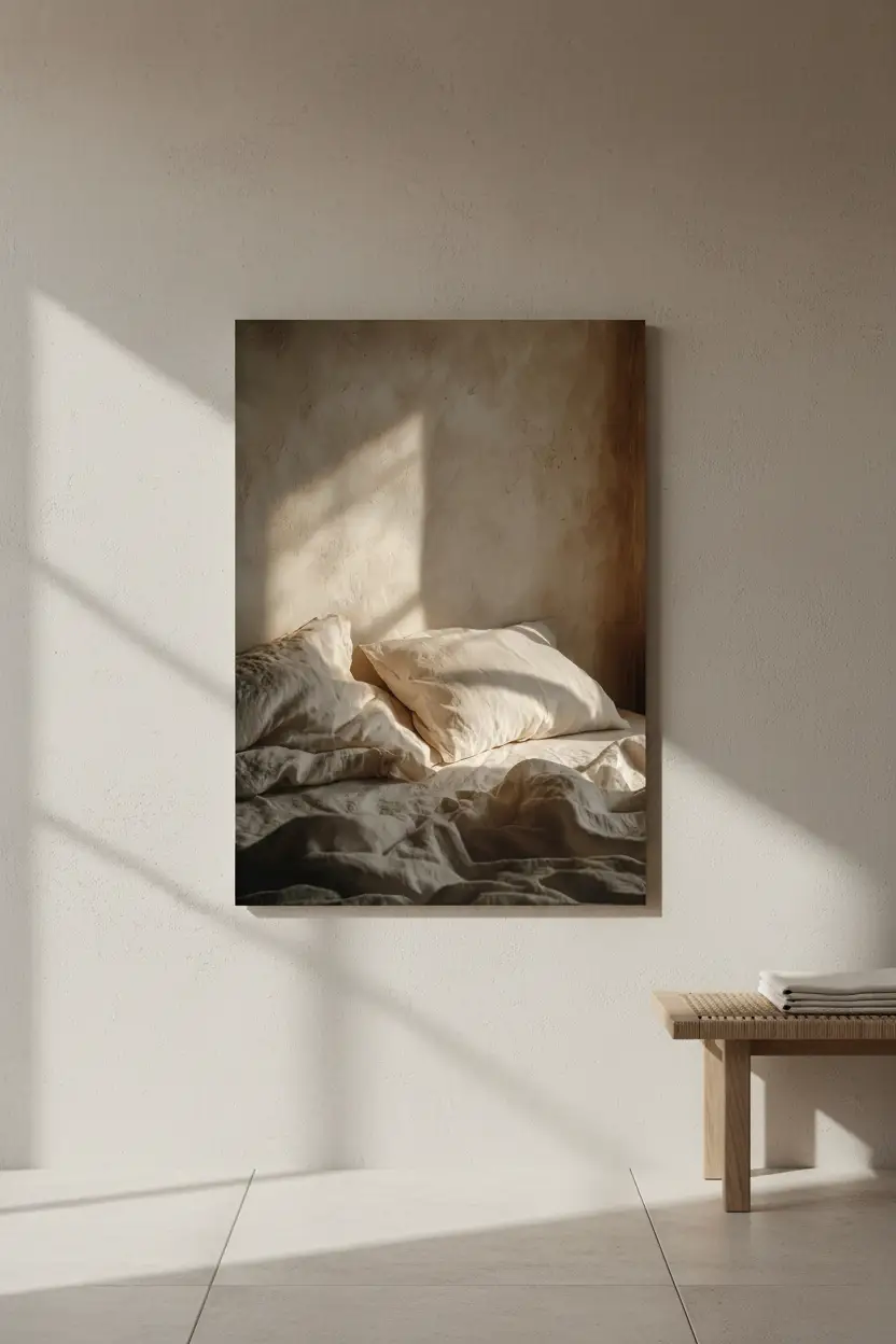 L'Aube sur le Lin — Affiche murale minimaliste sable linge, affiche murale minimaliste avec cadre bois, décoration murale salon ou chambre, style méditerranéen