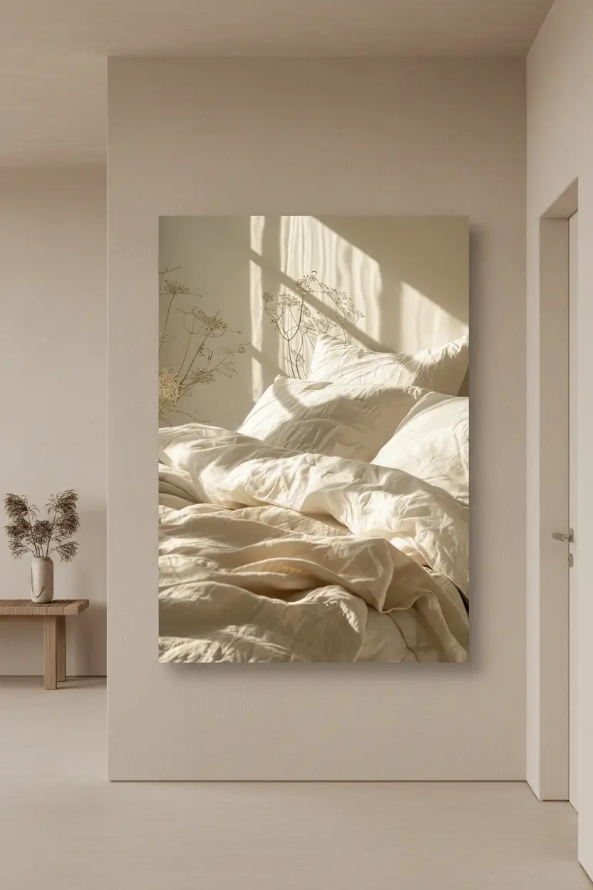 Le Lit du Matin — Affiche murale minimaliste ivoire texture lumière, affiche murale minimaliste avec cadre bois, décoration murale salon ou chambre, style méditerranéen