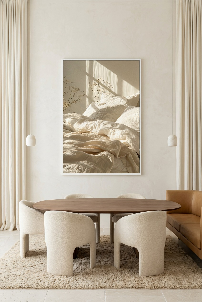 Le Lit du Matin — poster in a white frame in a dining room