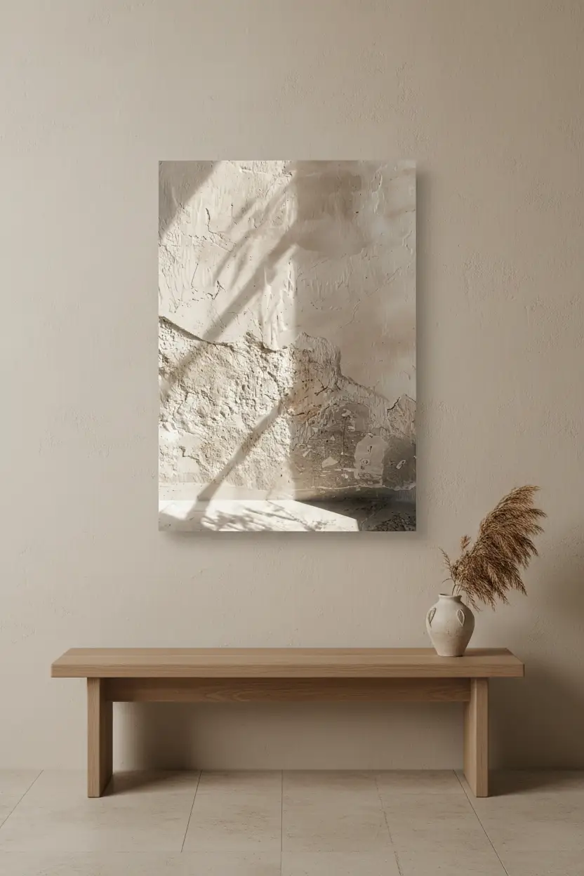 La Lumière sur l'Enduit — Affiche murale minimaliste sable minéral, affiche murale minimaliste avec cadre bois, décoration murale salon ou chambre, style méditerranéen