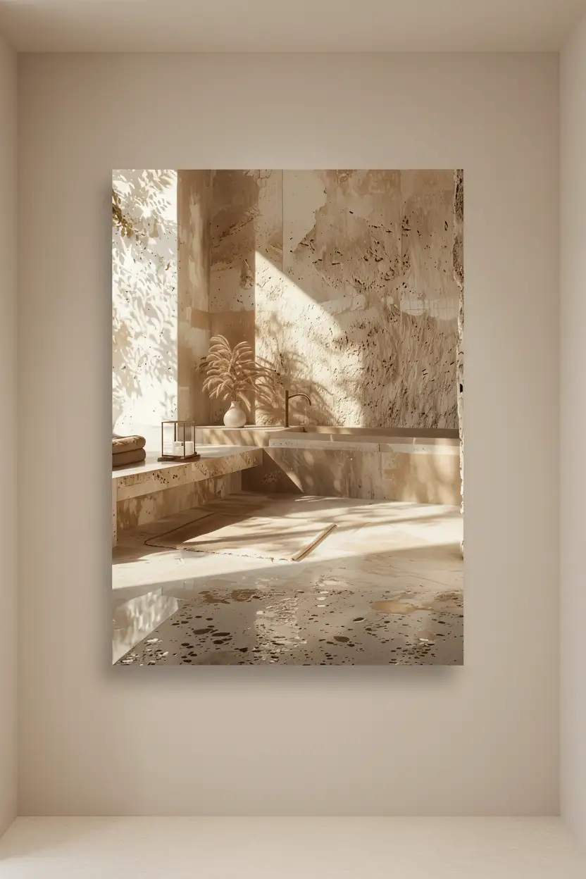 Le Bain de Pierre — Affiche murale minimaliste baignoire travertin pierre ombres feuilles lumière architecture, affiche murale minimaliste avec cadre bois, décoration murale salon ou chambre, style méditerranéen