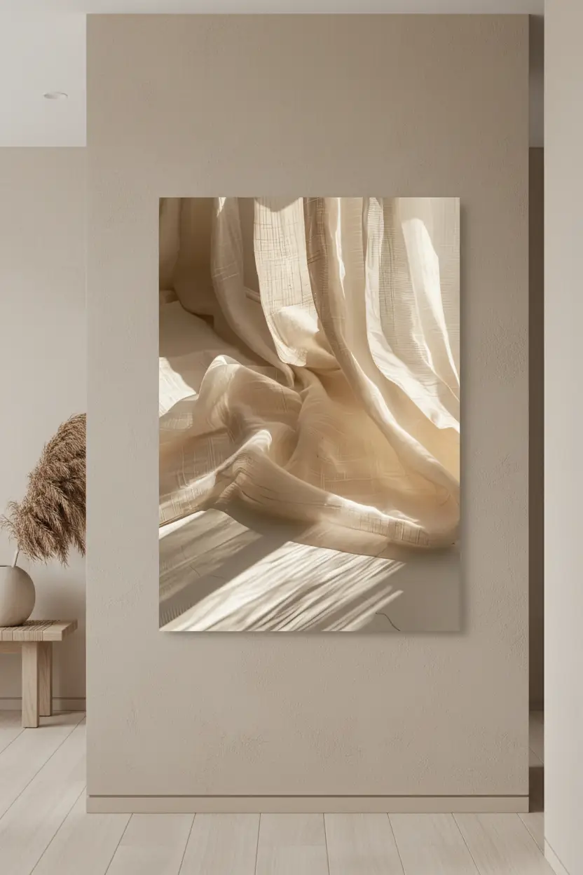 Le Rideau de Lin — Affiche murale minimaliste ivoire texture lumière, affiche murale minimaliste avec cadre bois, décoration murale salon ou chambre, style méditerranéen